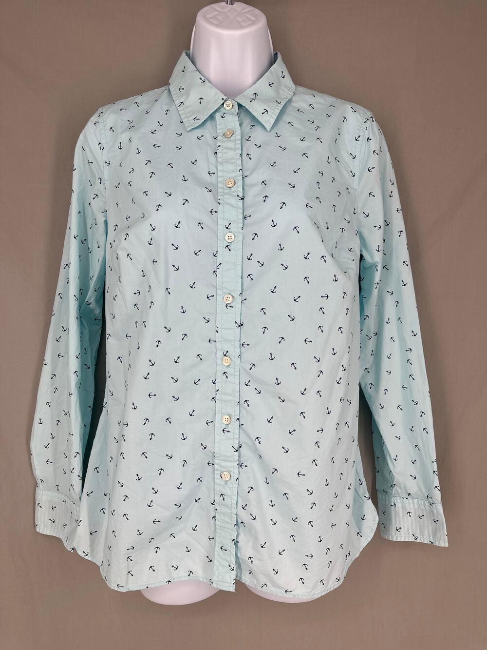 Talbots Top Womens XS Blue Anchor Print Nautical Button Long Sleeve Cotton